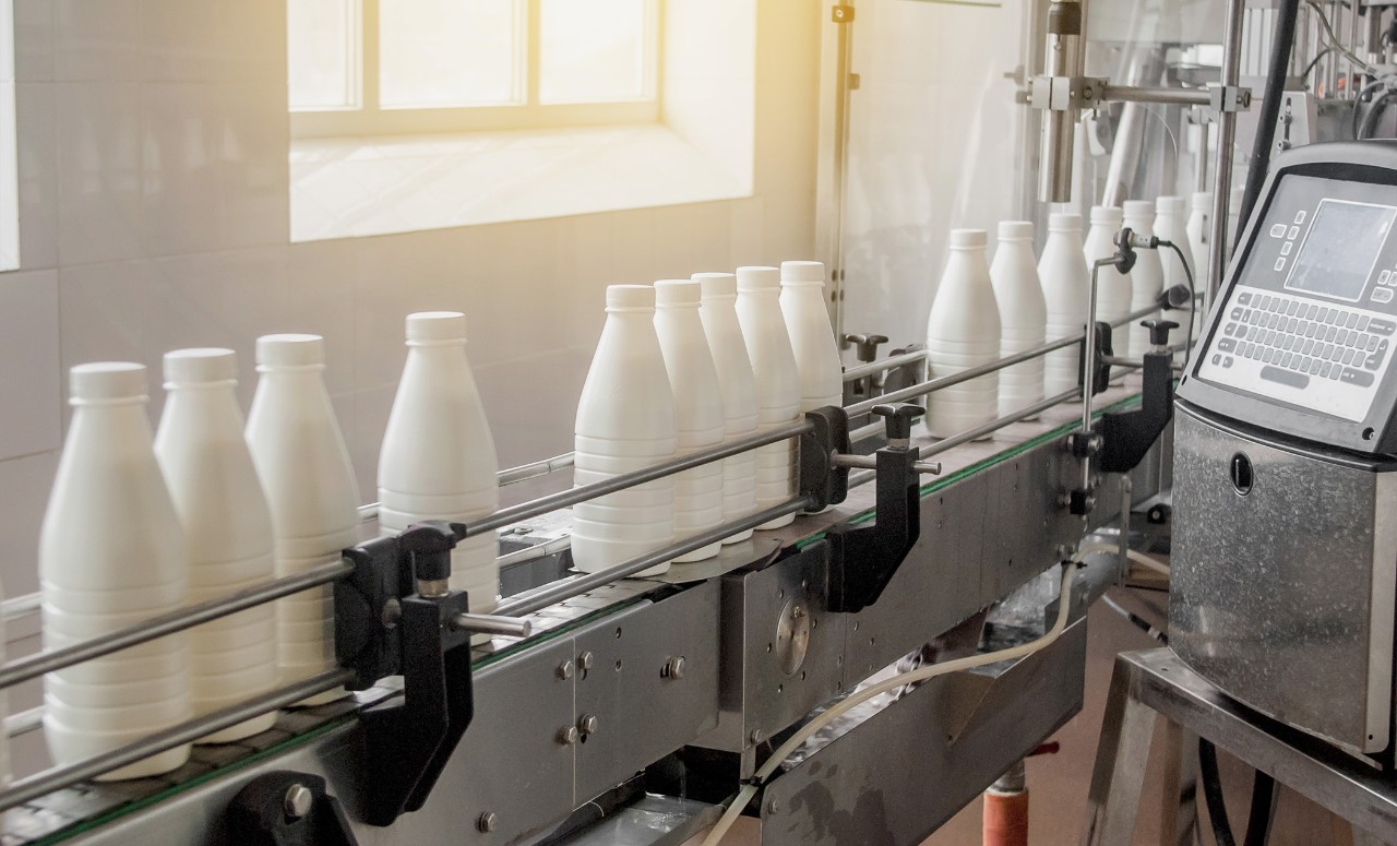 milk containers on a conveyer